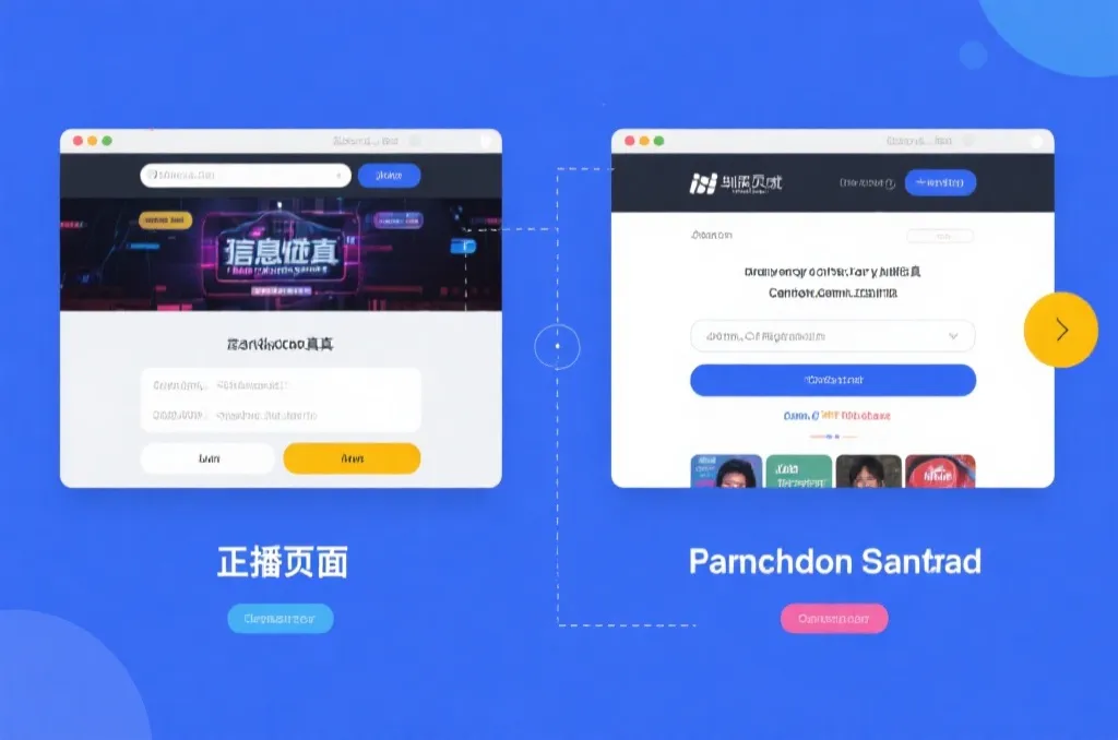 直播页面真假对比示意图,展示正规页面与仿冒页面在域名、按钮和版权信息上的差异