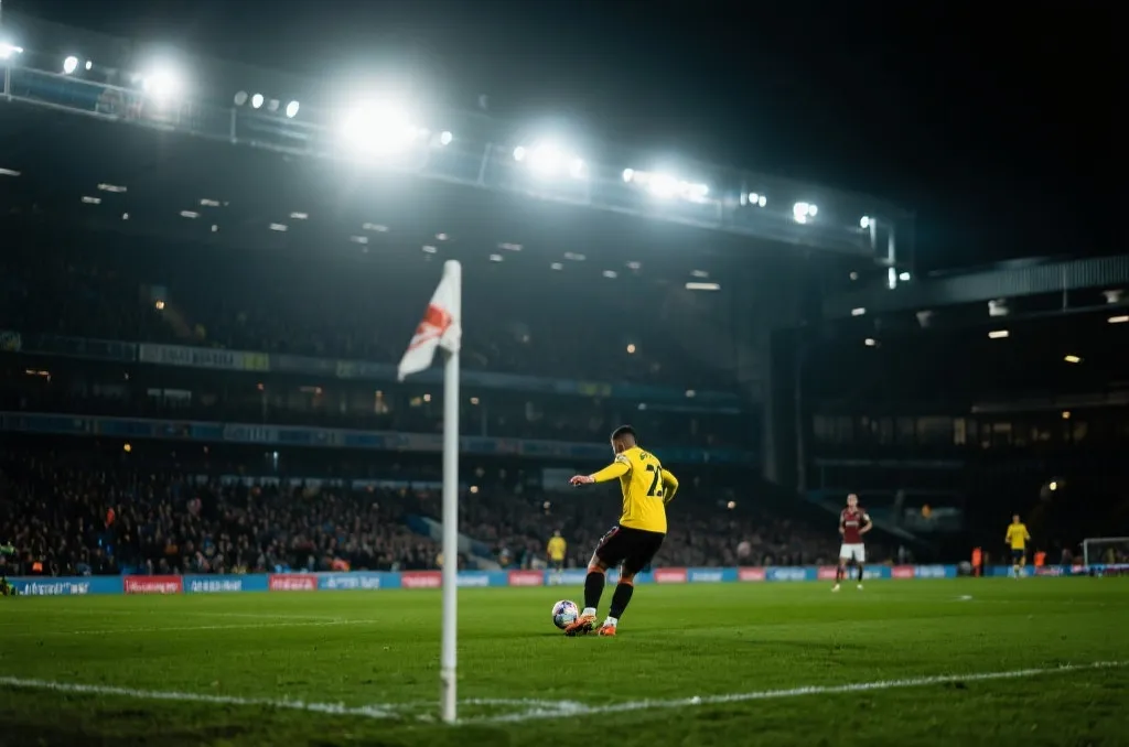 足球比赛中激烈的定位球争顶瞬间